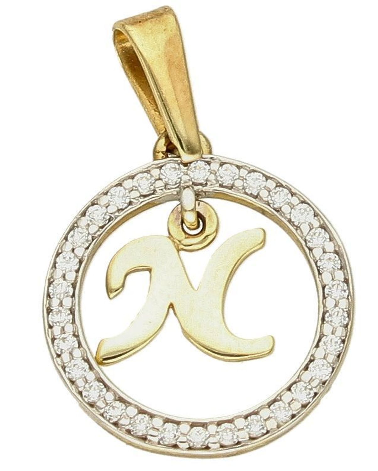 Złota zawieszka 333 literka N w kółeczku ozdobionym cyrkoniami Z-441 N. Piękny, złoty wisiorek o ciekawym wzorze wykonany z żółtego złota próby 333. Personalizowana zawieszka to doskonały pomysł na prezent dla każdej kobiety..jpg